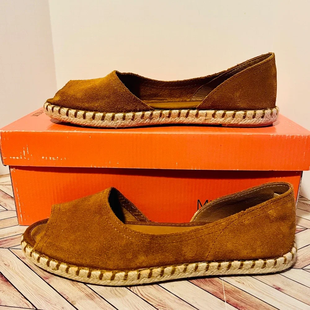 Miz Mooz‎ Cruze Wheat Suede Leather Espadrille Flats US 6.5 EU 37 Peep Toe Brown